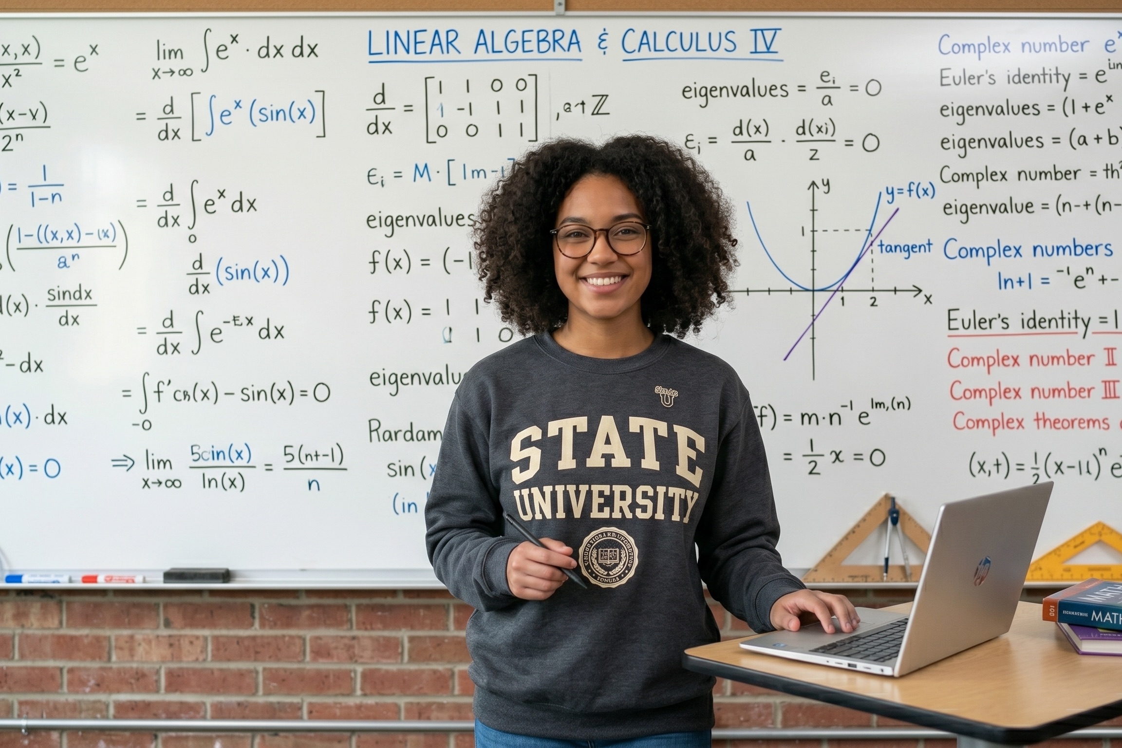 A mathematics educator in front of a whiteboard of calculus and linear algebra